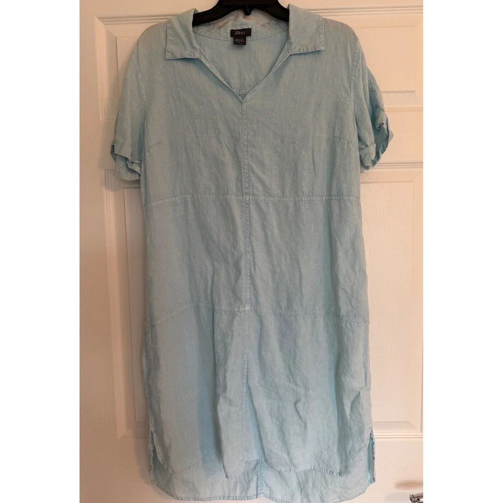 Pure Amici Light Blue 100% Linen Short Sleeve V-Neck Shift Dress L